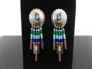 .925 Sterling Silver Zuni Multi Stone Dangle Post Earrings