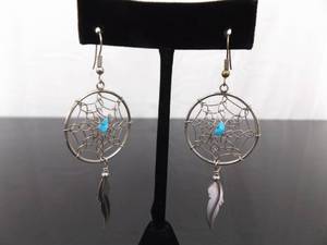 .925 Sterling Silver Zuni Dream Catcher Dangle Hook Earrings