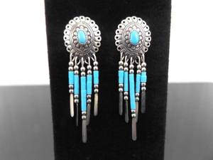 .925 Sterling Silver Zuni Sleeping Beauty Dangle Post Earrings