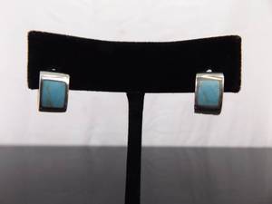 .925 Sterling Silver Inlayed Turquoise Hinged Hoop Clamp Earrings
