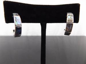 .925 Sterling Silver Inlayed Abalone 34 Hoop Post Earrings