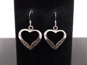 .925 Sterling Silver Scrolled Heart Dangle Hook Earrings