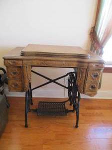 Antique White Sewing Machine Cabinet Table converted into Desk. Farmhouse Farm Style Decor.