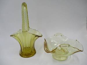 Lot of 2 Vintage Yellow Vaseline Depression Glass pieces