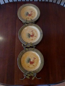 Lot of 3 RoosterChicken Decorative plates with metal wall stand. Farmhouse Style.