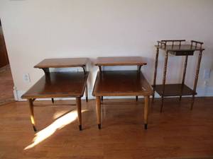 Lot of 3 Vintage Mid Century Modern End Tables. 2-Lane Acclaim 900-07 Two Tier Walnut End tables with dovetailing and 1 smaller end table with shelf and drawer.