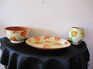 Lot of 3 Kitchenware- Bowl, Platter, Pitcher. Fall leaf pattern.