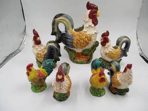 Lot of 7 ceramic ChickensRoosters. Farmhouse Style.