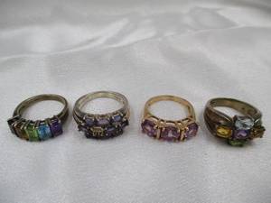 Lot of Jewelry 4 Silver Rings with Colored Stones
