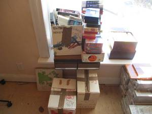Lot of Various Vintage VHS Tapes, Cassette Tapes and Record Albums.