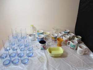 Lot of Miscellaneous Glassware &amp Mugs. Some Ice Blue Glass Tumblers.