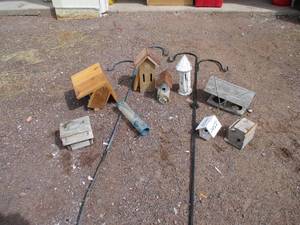Lot of Miscellaneous Garden Items Shepherd Hooks, Bird Houses, Squirrel Guards