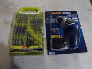 Work  Zone 4 Volt Drill (New) With Ryobi Drill Bit Set