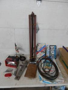 Assortment Of Belts, Lights, Antenna, Old Bumper Jack & More