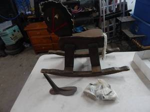 Wooden Rocking Horse, Vintage Baby Shoes & Shoe Horn