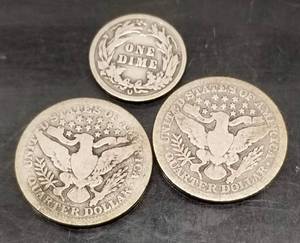 3 US BARBER SILVER COINS 1902 50C X2 1902-O 10C