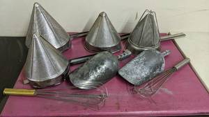 lot 303 image: Vintage Kitchen Items-4 Vintage Canning Colander Sieves, 2 Vintage Galvanized Country Store Scoops, and 2 Large Whisks
