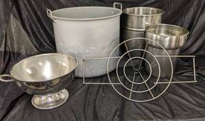 lot 306 image: Assorted Large Kitchen Collection- 20 Quart Aluminum Pot, Stainless Steel Footed Bowl, Strainer Stand, Two Stainless Steel Wine Buckets