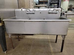 lot 30 image: Stainless Steel Commercial Three Section Sink-55.5 x 42 x 25