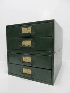lot 36 image: Small Vintage Industrial Green Metal PartsHardware Cabinet