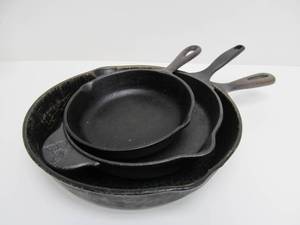 lot 74 image: 3 Assorted Cast Iron Skillets