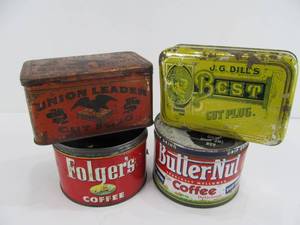 lot 179 image: 2 Antique Tobacco Tins & 2 Vintage Coffee Cans