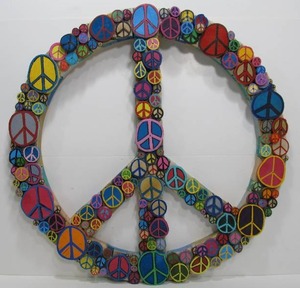lot 201 image: Large Folk Art Painted Log Slice Peace Sign Artwork