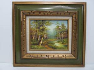 lot 219 image: Original Forest River Bank Nature Scene Oil on Canvas Signed