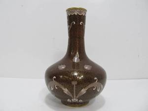 lot 221 image: Vintage Cloisonne Vase Brown With Soft Pink Abstract Floral Design