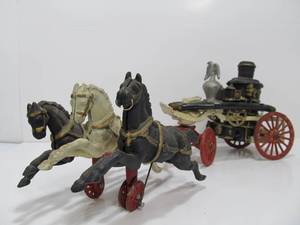lot 245 image: Larger Size Cast Iron Horse Drawn Fire Wagon Toy