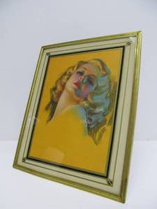 lot 255 image: Beautiful Vintage 1930s-40s Reverse Painted Deco Glass Frame wPinup Print
