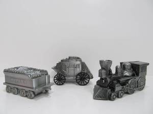 lot 275 image: Lot of 3 NOS Banthrico 1974 Metal Coin Banks - Trains & Stagecoach