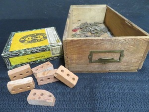 lot 65 image: VINTAGE FILE DRAWER WITH VINTAGE KEYS  SALESMAN SAMPLE BRICKS