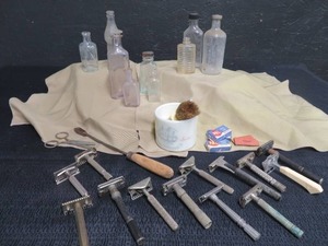 lot 66 image: ANTIQUE GLASS BOTTLES  VINTAGE RAZORS