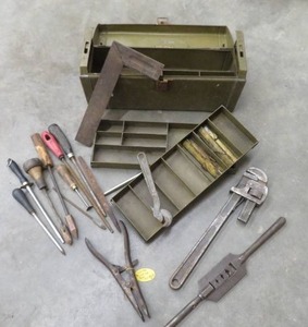 lot 136 image: HOBART WATERTITE METAL TOOL BOX FILLED WITH VINTAGE TOOLS