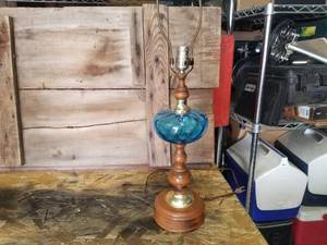 lot 4 image: Mid Century Blue Glass Ball - Wooden Lamp