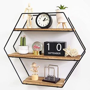 Rustic TFER Metal & Natural Wood Hexagon Floating Shelves