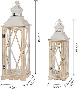 Set of 2 glitzhome Farmhouse White Wood Metal Hanging Lanterns