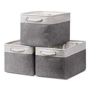 3 Pack of Folding Fabric Storage Baskets with Rope Handles & Removable Liners, Gray