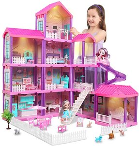 beefunni DIY 11 Room Dollhouse w Furniture, Dolls, Slide, & Lights