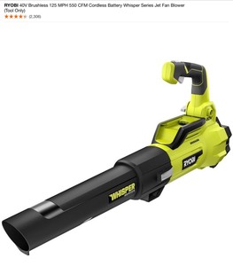 RYOBI 40V Brushless 125 MPH 550 CFM Cordless Battery Whisper Series Jet Fan Blower (Tool Only). See Pictures