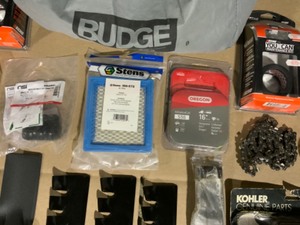 Various Brands of Lawn Mower Blades, Filters, Accessories & Other Outdoor Lawn or Garage EquipmentAccessories. See Pictures