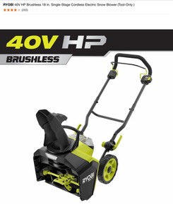 RYOBI 40V HP Brushless 18 in. Single-Stage Cordless Electric Snow Blower (Tool-Only). See Pictures