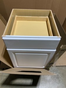 Hampton Bay Hampton Satin White Raised Panel Stock Assembled Base Kitchen Cabinet with Drawer Glides (24 in. x 34.5 in. x 24 in.). See Pictures