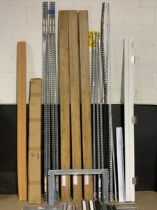 Assorted Moldings, BullNoses, Garage Shelving Items, Shower Glass Door Hardware Kit & Much More Various Conditions. See Pictures