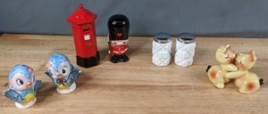 lot 55 image: 3 Pair of Vintage Salt & Pepper Shaker Sets & More Lefton Blue Birds, Milk Glass, Van Tellingen Bunnies, British BankRoyal Guard - Q