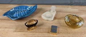 lot 57 image: Vintage Smoking Accessories Cal Style Pottery Ashtray, Siesta Ashtray, Czech Handblown Glass Ashtray, Two Vintage Lighters - Q