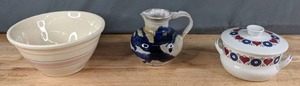 lot 62 image: Vintage Pottery Lot McCoy Ovenware Bowl, Rorstrand Silja Crock with Lid, Glazed Pitcher - Q