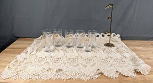 lot 63 image: Vintage Glass, Brass and Lace Lot 7-Piece Glassware, NotePhoto Holder, Table Runner - Q