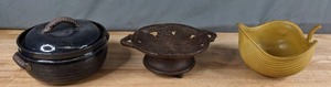lot 64 image: Trio of Artist Signed Pottery, Antique Wooden Carved Music BowlBox and Stoneware Bowl - Q